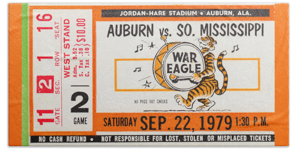 Auburn Bath Towel featuring the mixed media 1979 Auburn Tiger Football Ticket Art by Row One Brand