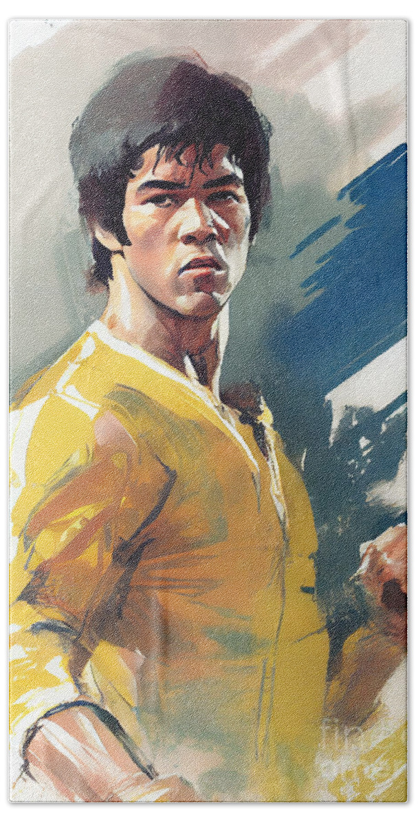 A Painting Of Bruce Lee In Yellow And Blue Art Bath Towel featuring the digital art a painting of bruce lee in yellow and blue by Asar Studios #2 by Celestial Images