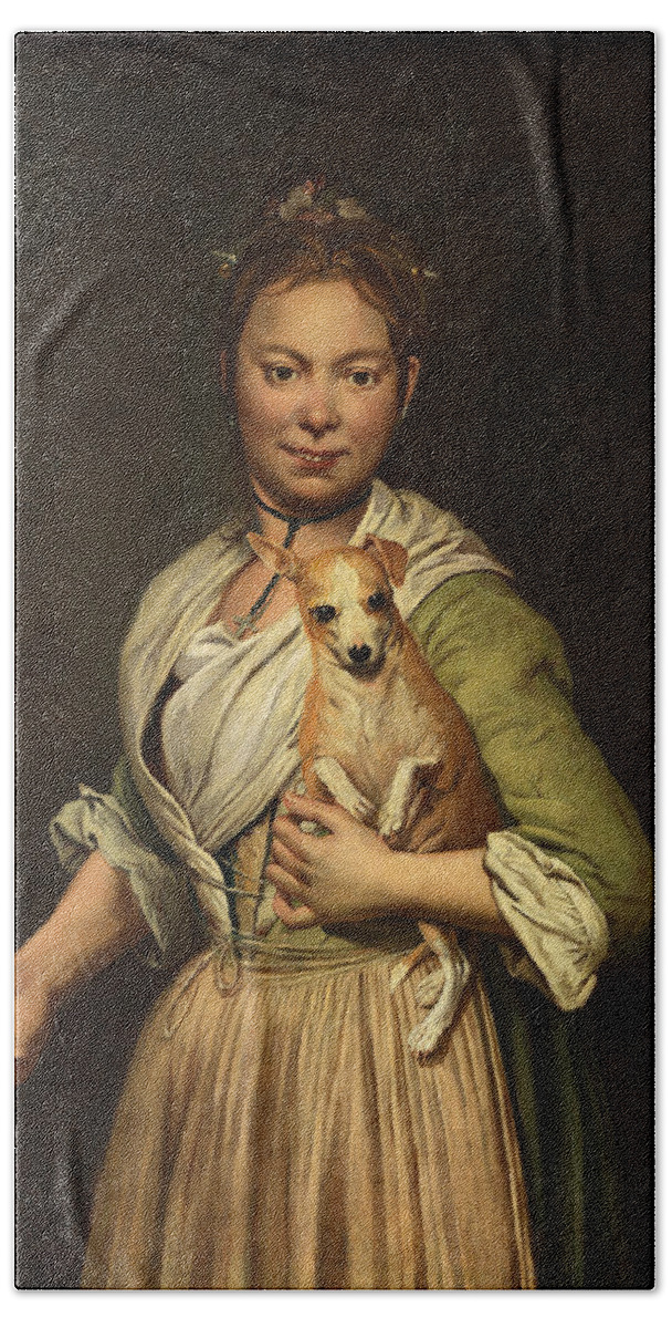 Giacomo Ceruti Bath Towel featuring the painting A Woman with a Dog #3 by Giacomo Ceruti