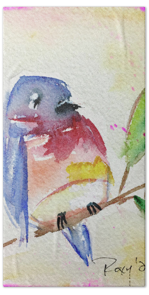 Watercolor Bath Towel featuring the painting Bluebird on a Branch by Roxy Rich