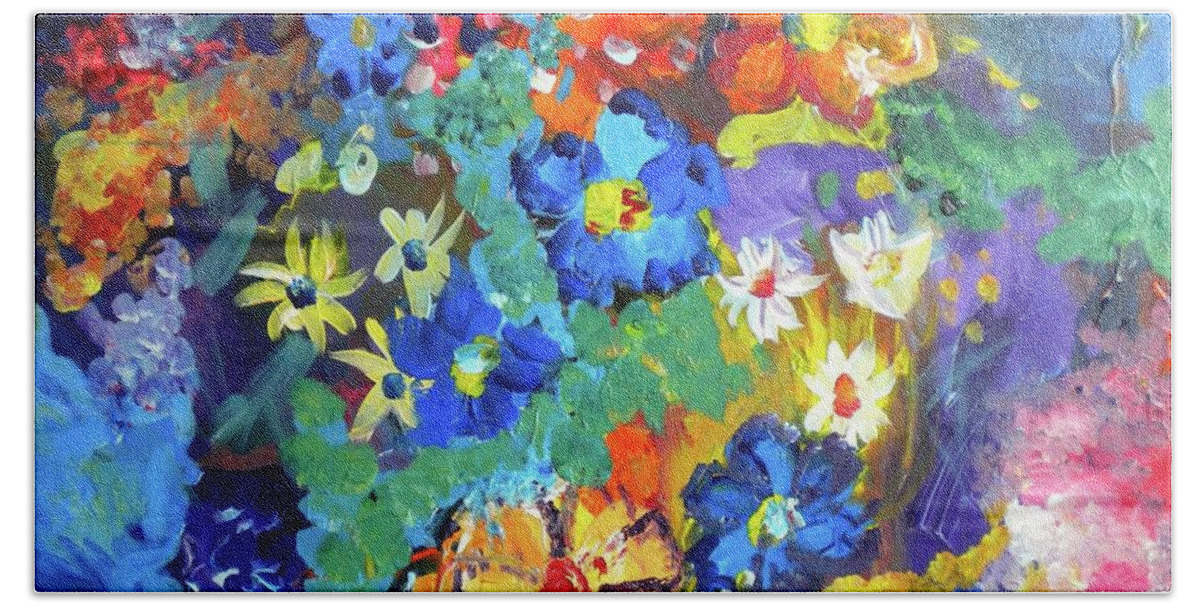 Flowers Hand Towel featuring the painting Blue Bright Flowers by Britt Miller