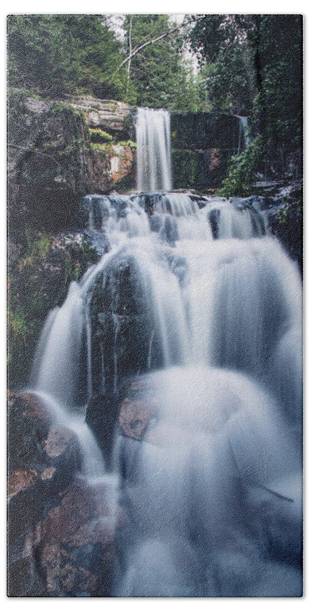Jizera Mountains Bath Towel featuring the photograph Cascade of two large waterfalls on the small river Jedlova by Vaclav Sonnek
