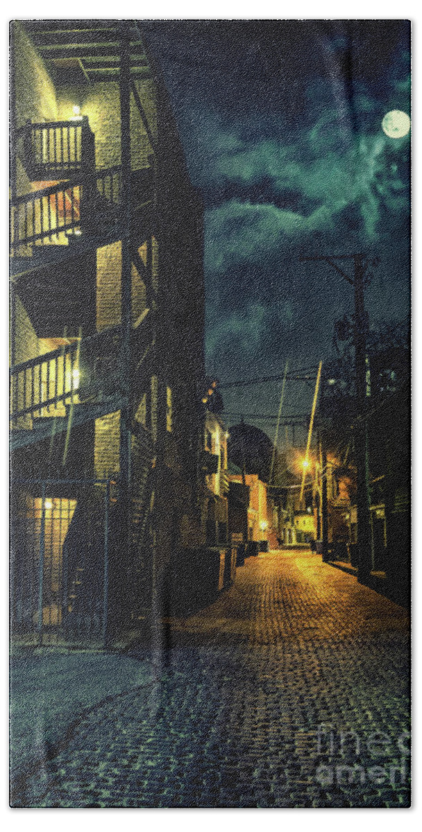 Alley Night Street City Urban Alleyway Dark Scary Light Garbage Back Road Crime Scene Spooky Brick Vintage Empty Wall Grunge Noir Cobblestone Moon Hand Towel featuring the photograph Moonlit Vintage Chicago Alley by Bruno Passigatti