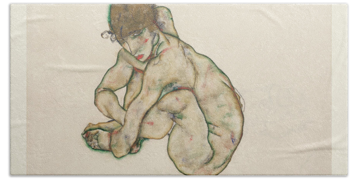 Austrian Artist Hand Towel featuring the painting Crouching Nude Girl - 1914 #2 by Egon Schiele