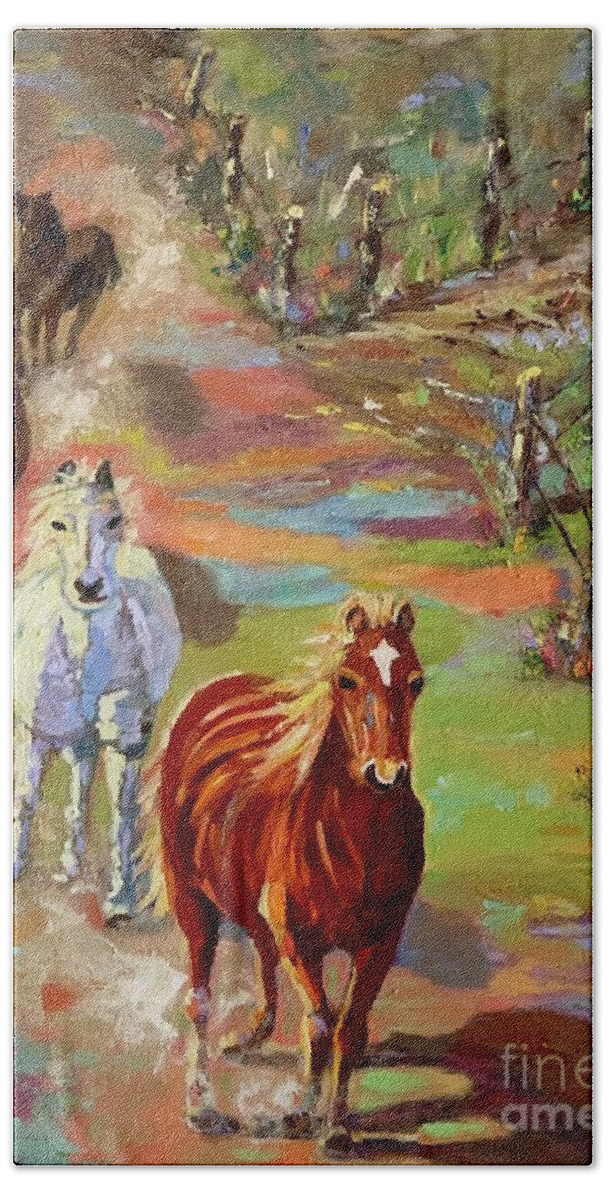 Wild Horses Hand Towel featuring the painting Fences Make Bad Neighbors #3 by Patsy Walton