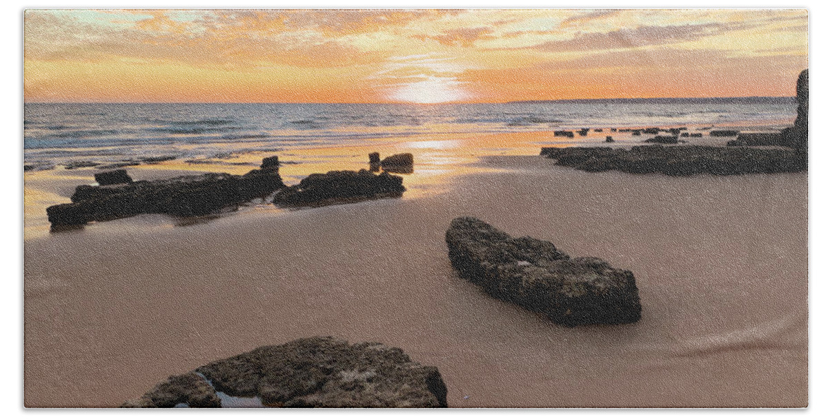 Beach Sunset Hand Towel featuring the photograph Gale Beach at Sunset. In Algarve #2 by Angelo DeVal
