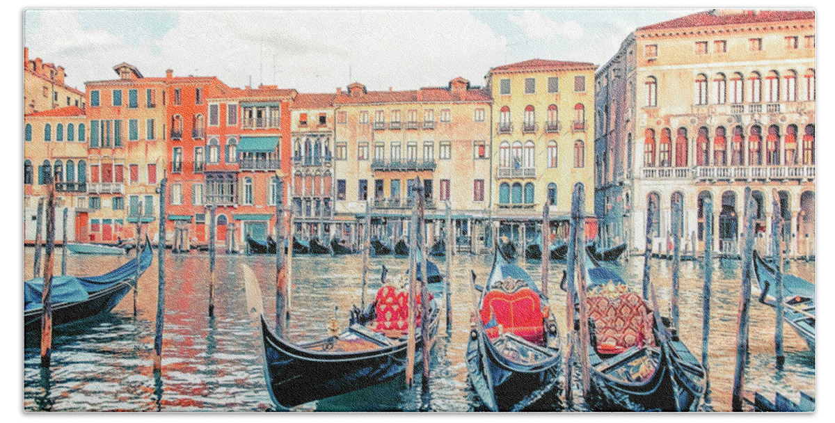 Boat Hand Towel featuring the photograph Gondolas In The Grand Canal by Manjik Pictures