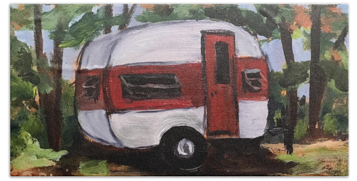 Vintage Trailer Hand Towel featuring the painting Happy Camper #2 by Cynthia Blair