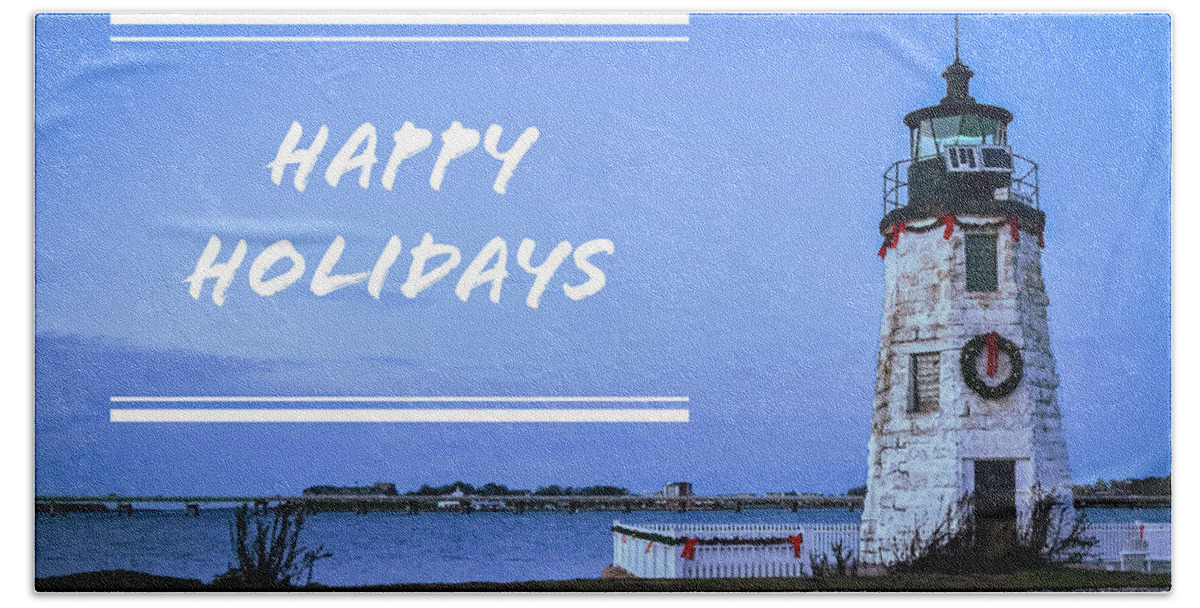 Happy Holidays From Goat Island Lighthouse Bath Towel featuring the photograph Happy Holidays from Goat Island Lighthouse #2 by Christina McGoran