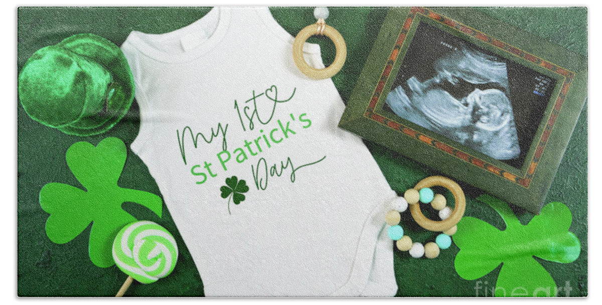 St Patrick Bath Towel featuring the photograph Happy St Patrick's Day baby wear onesie bodysuit mockup flatlay. #2 by Milleflore Images