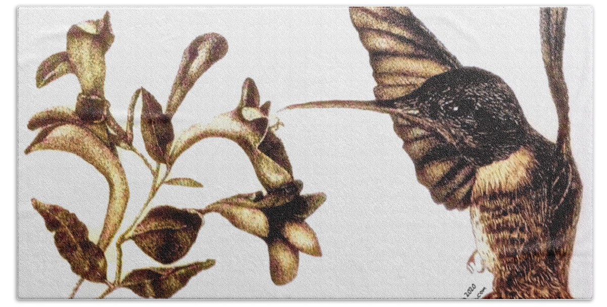 Hummingbird Hand Towel featuring the drawing Hummingbird #2 by Shelley Bain