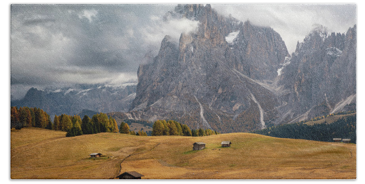 Alpe Di Siusi Bath Towel featuring the photograph Landscape with beautiful autumn meadow field and the amazing Dolomite rocky peaks. Valley of Alpe di siusi Seiser Alm South Tyrol Italy. #2 by Michalakis Ppalis