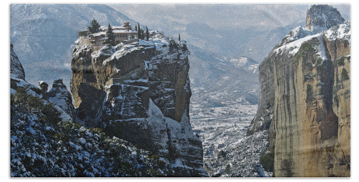 Meteora Bath Towel featuring the photograph Meteora in winter #2 by Sean Hannon