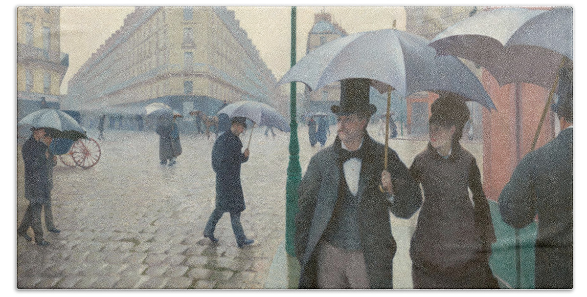 Rain Hand Towel featuring the painting Paris Street in Rainy Weather by Gustave Caillebotte