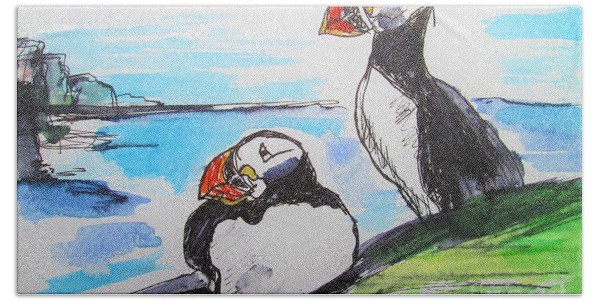 Puffin Art Hand Towel featuring the painting Painting Of 2 Puffins by Mary Cahalan Lee - aka PIXI