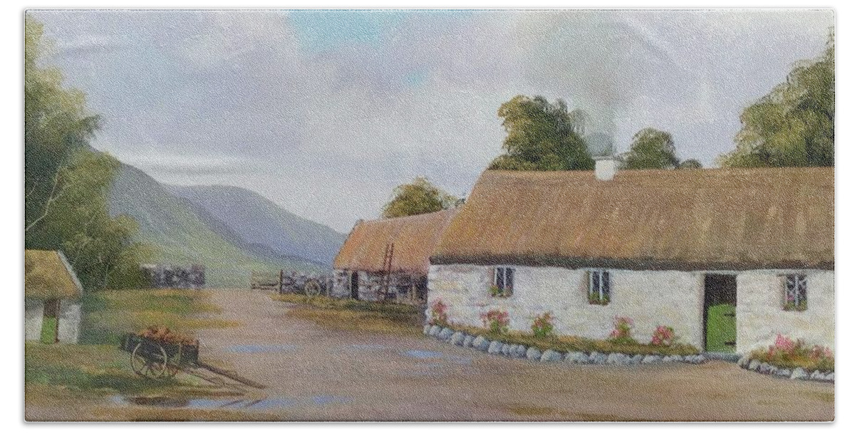 Landscape Bath Towel featuring the painting Quiet Man Cottage #2 by Cathal O malley