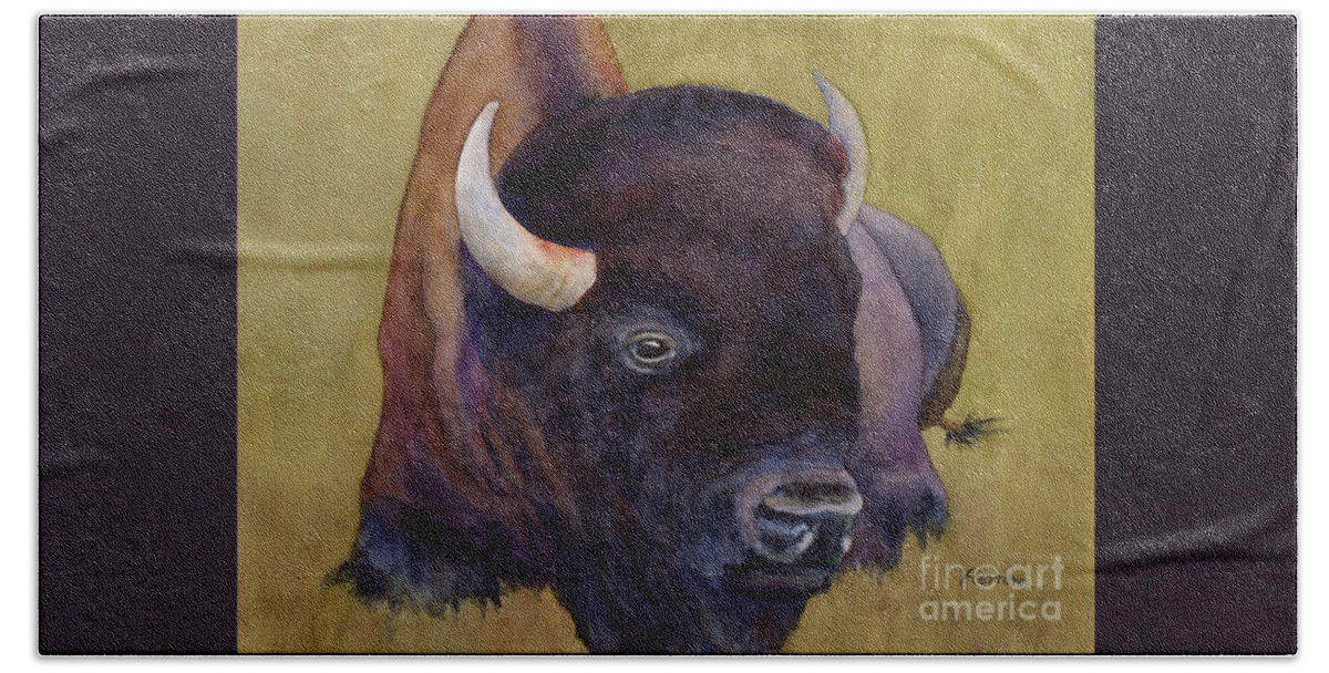 Ison Bath Towel featuring the painting Resting Bison 2 by Hailey E Herrera