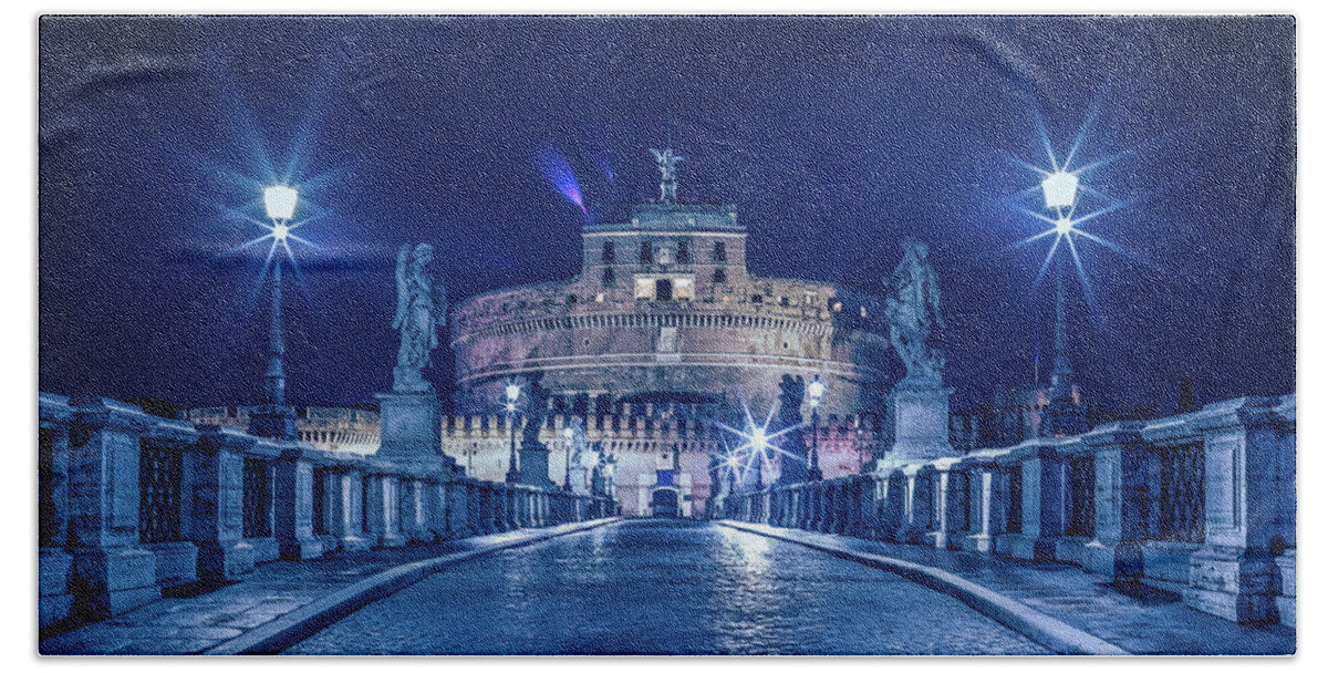 Archangel Bath Towel featuring the photograph Rome and the Castel Sant'Angelo at night #2 by Benoit Bruchez