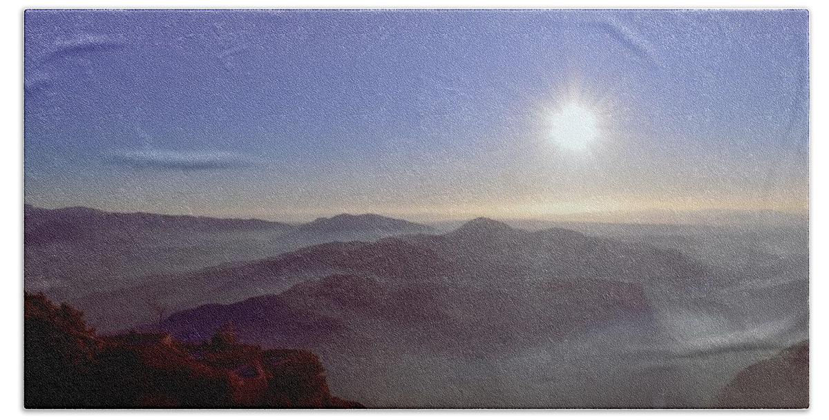 Sunrise Hand Towel featuring the photograph Sunrise over the mountains from Abbey of Montserrat #3 by Christina McGoran