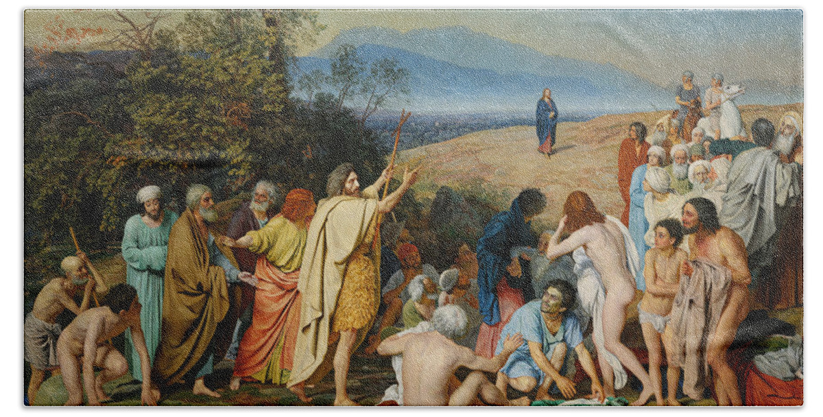 Landscape Hand Towel featuring the painting The Appearance of Christ Before the People by Alexander Ivanov by Mango Art