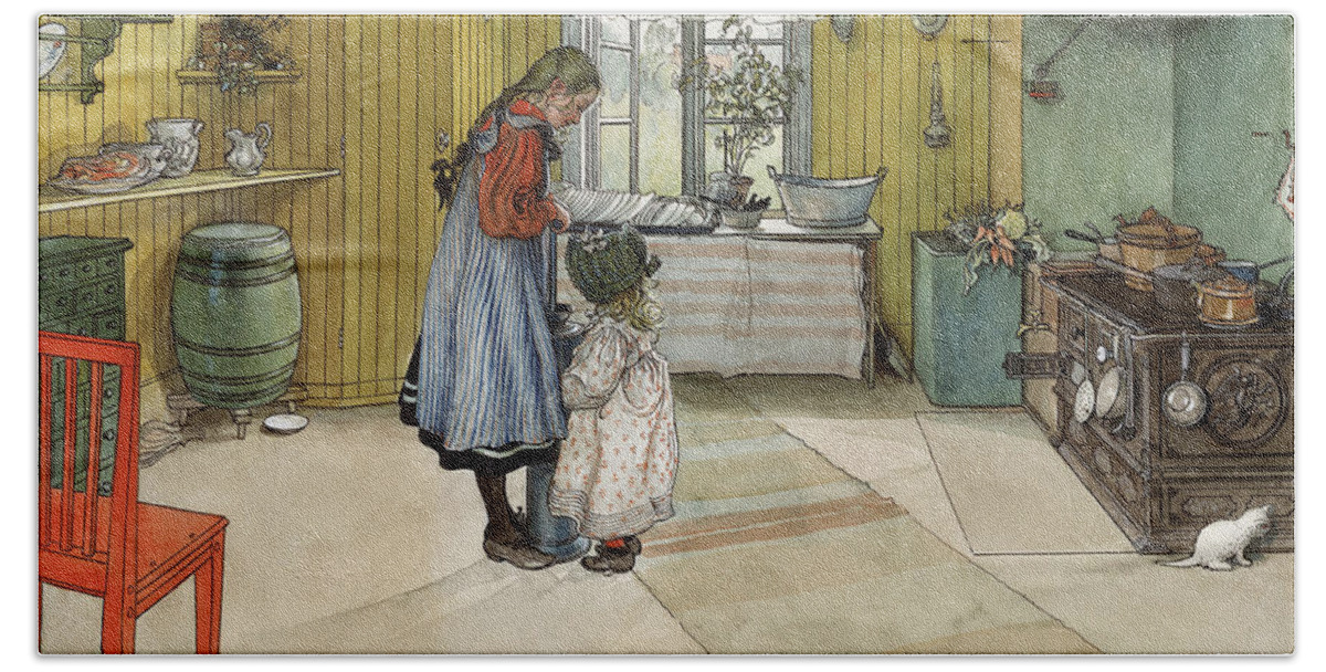 Carl Larsson Hand Towel featuring the painting The Kitchen by Carl Larsson by Mango Art