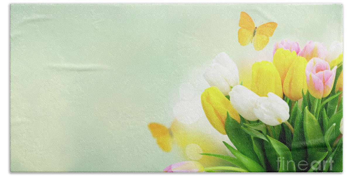 Tulips Bath Towel featuring the photograph Tulips and Butterflies #2 by Anastasy Yarmolovich