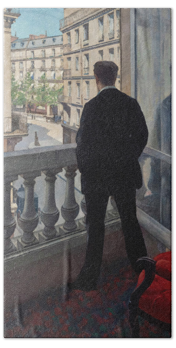 Gustave Caillebotte Hand Towel featuring the painting Young Man at His Window by Gustave Caillebotte by Mango Art
