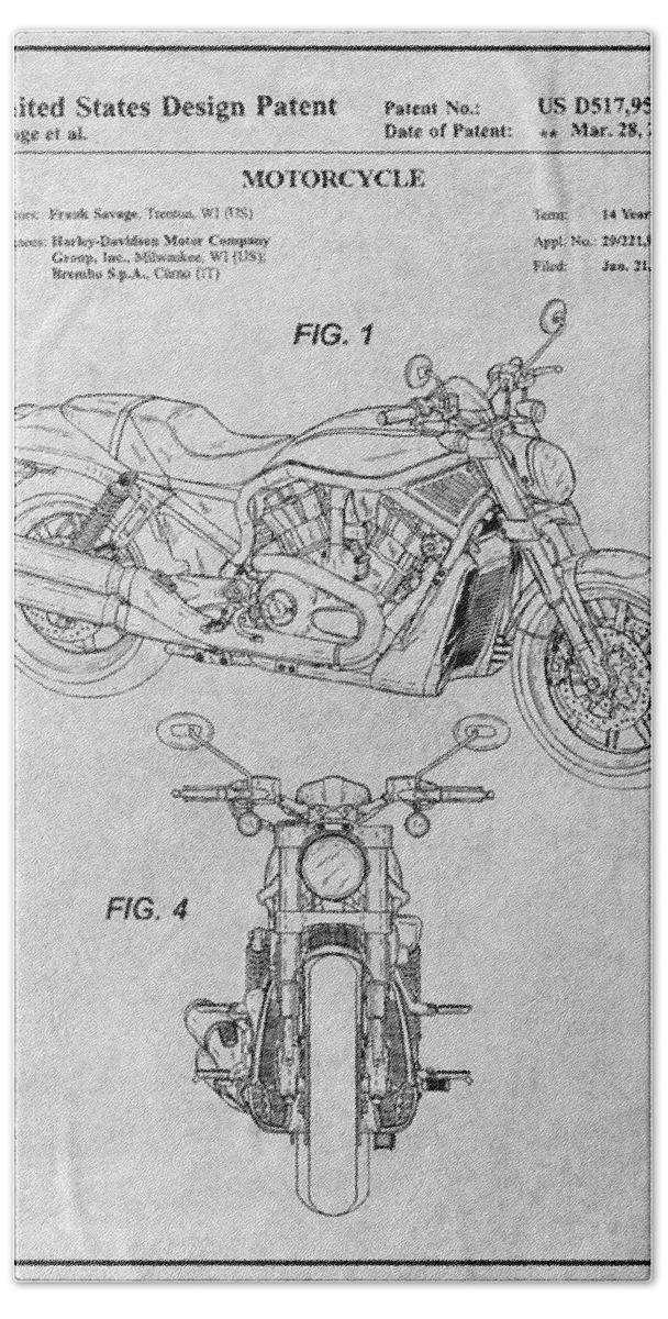 2005 Harley Davidson V-rod Motorcycle Patent Print Gray Bath Towel featuring the drawing 2005 Harley Davidson V-Rod Motorcycle Patent Print Gray by Greg Edwards