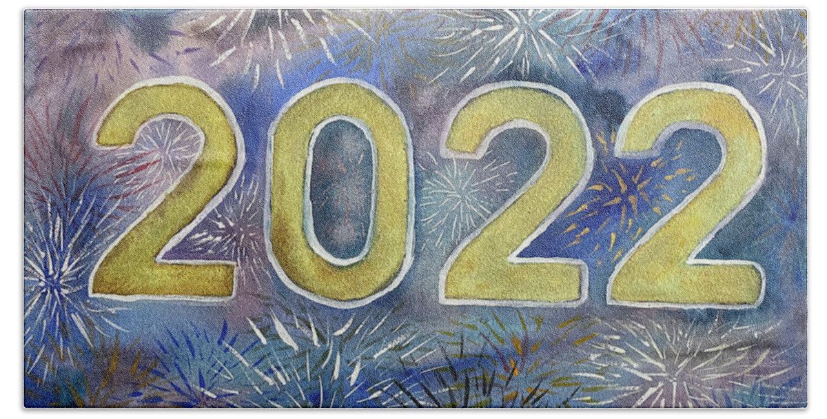 2022 Bath Towel featuring the painting 2022 Fireworks by Lisa Neuman