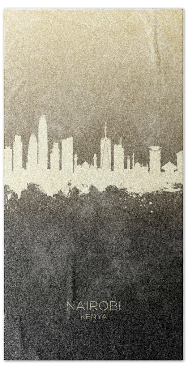 Nairobi Hand Towel featuring the digital art Nairobi Kenya Skyline by Michael Tompsett