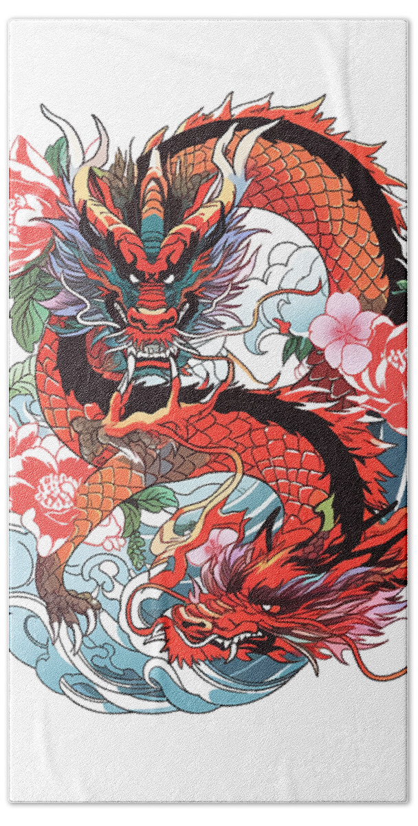Dragon Bath Towel featuring the mixed media Tattoo Style Dragon #259 by Loose Goose Tattoos