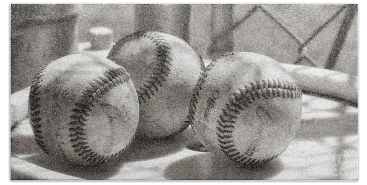 Three Baseballs Hand Towel featuring the photograph 3 Baseballs on a Bucket in Sepia by Leah McPhail