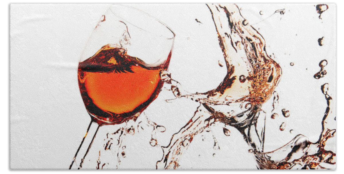 Damaged Bath Towel featuring the photograph Broken wine glasses with wine splashes on a white background by Michalakis Ppalis