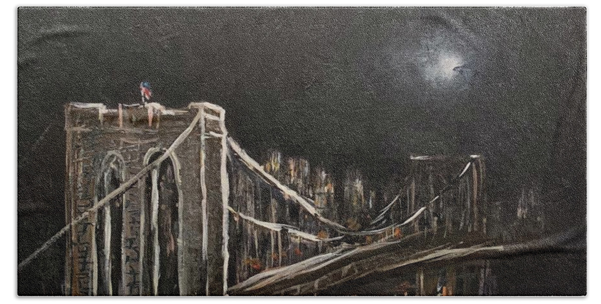 Brooklyn Bridge New York Dark Moon Night Miroslaw Chelchowski Acrylic On Canvas Painting Black Moonlight American Flag Water Print Hand Towel featuring the painting Brooklyn Bridge #3 by Miroslaw Chelchowski
