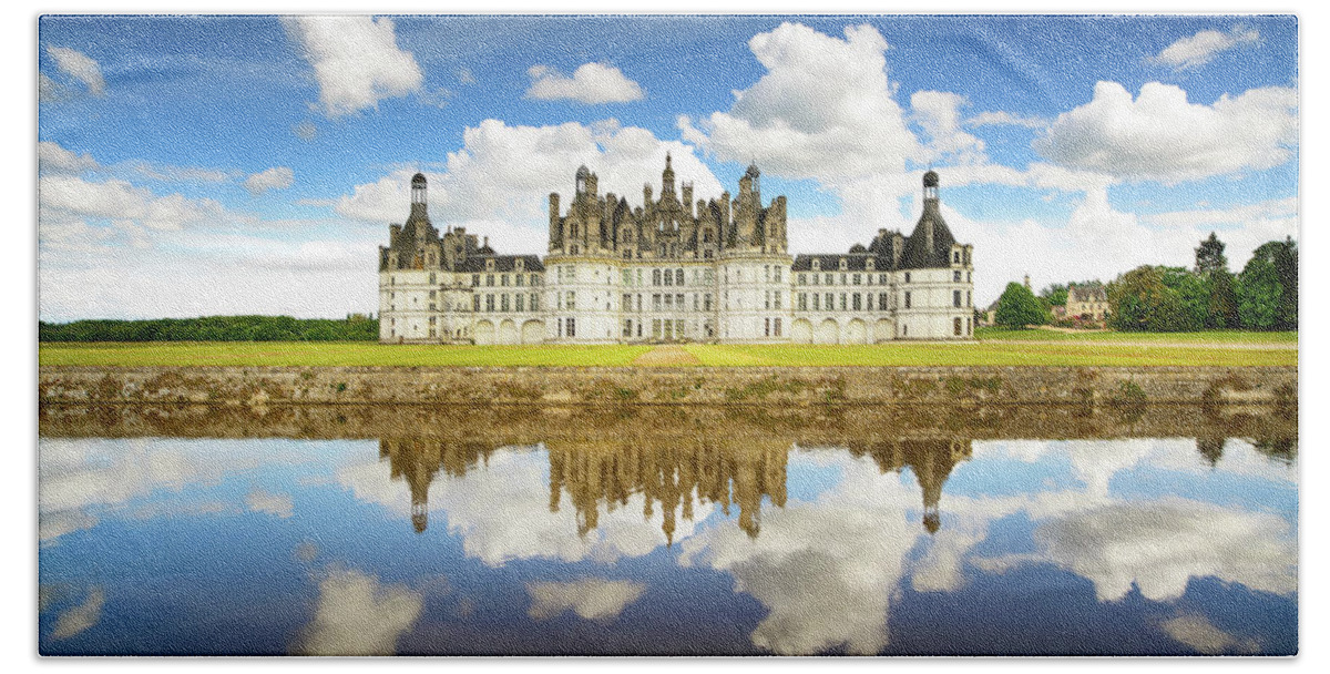 Chambord Hand Towel featuring the photograph Chateau de Chambord, Unesco medieval french castle and reflectio #3 by Stefano Orazzini