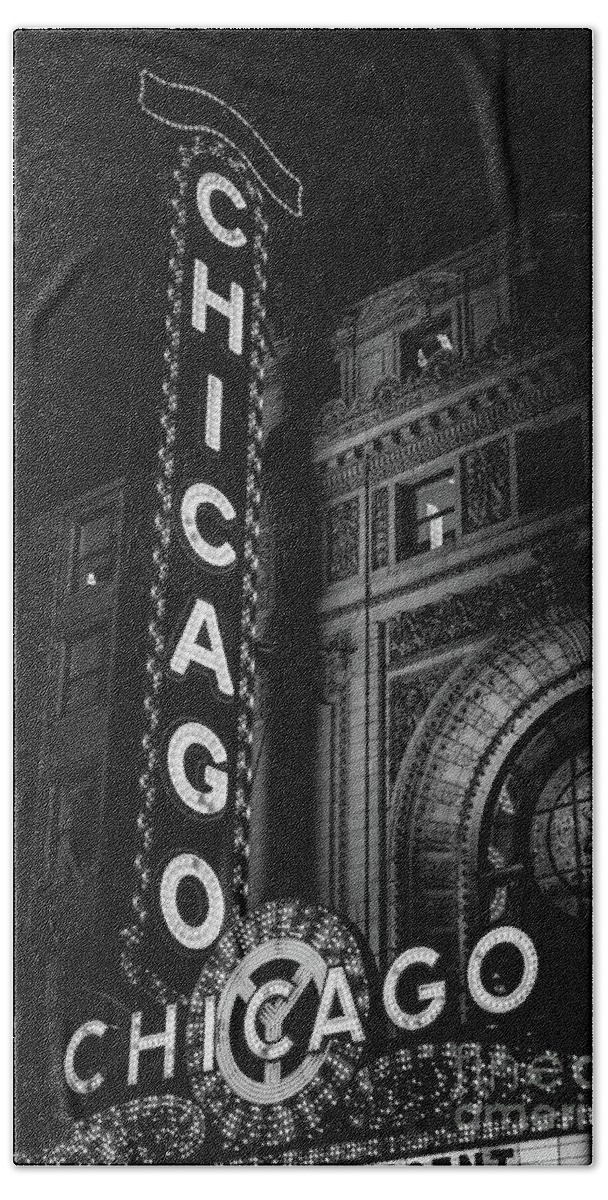 #faatoppicks Bath Towel featuring the photograph Chicago Theatre Sign in Black and White #3 by Paul Velgos