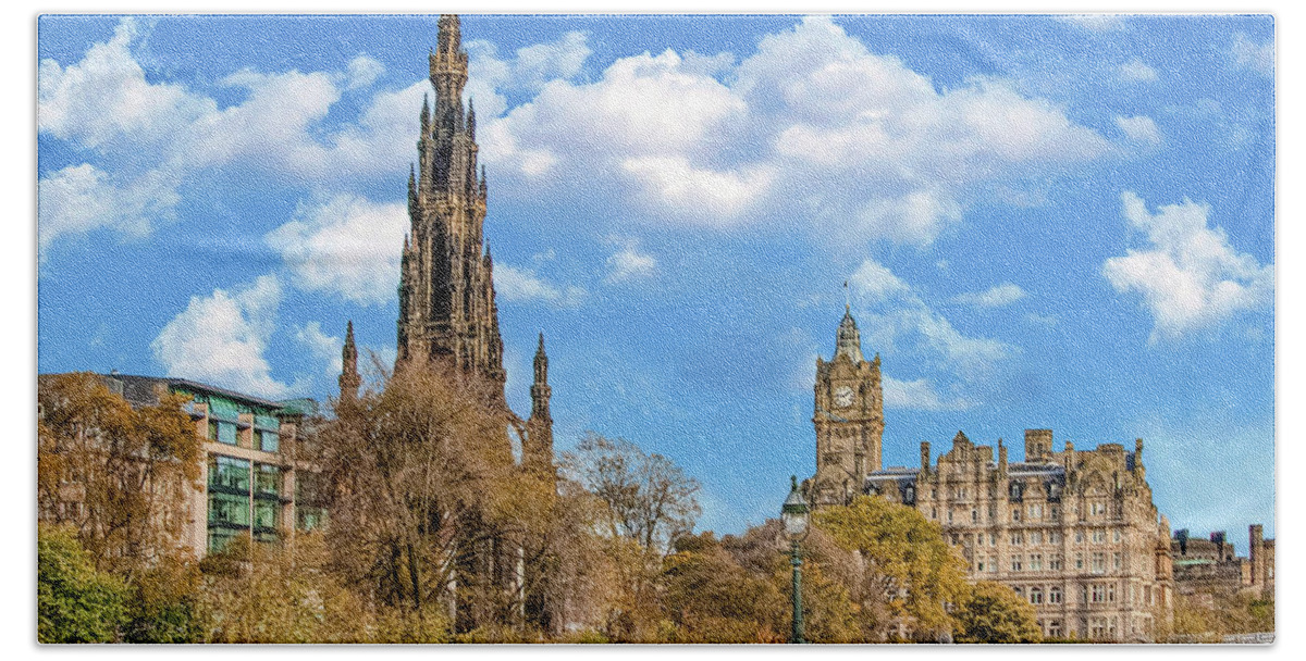 City Of Edinburgh Bath Towel featuring the digital art City of Edinburgh Scotland - Scots Memorial by SnapHappy Photos