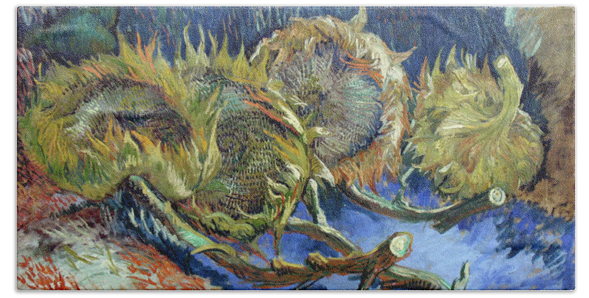 Four Withered Sunflowers Hand Towel featuring the painting Four Withered Sunflowers #3 by Vincent van Gogh