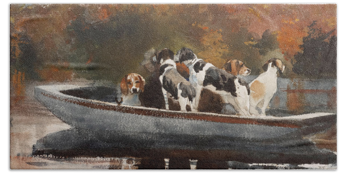 Winslow Homer Hand Towel featuring the painting Hunting Dogs in Boat by Winslow Homer by Mango Art