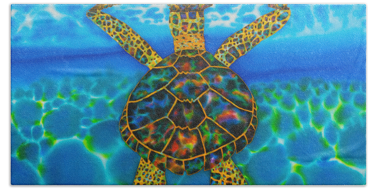 Sea Turtle Bath Towel featuring the painting Opal Sea Turtle #3 by Daniel Jean-Baptiste
