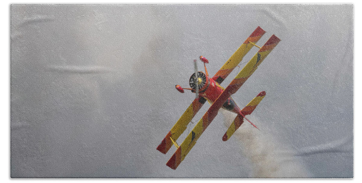 Red Bath Towel featuring the photograph Red and Yellow Airplane by Carolyn Hutchins