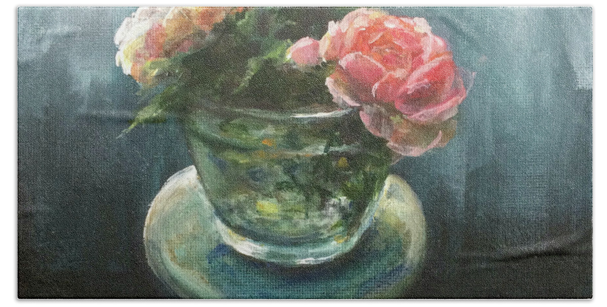 Roses Bath Towel featuring the painting 3 Roses in a Jar by Lizzy Forrester