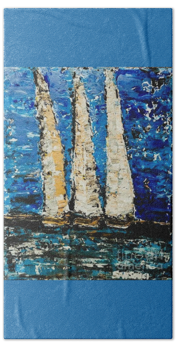 Hand Towel featuring the painting 3 Sailboats by Mark SanSouci