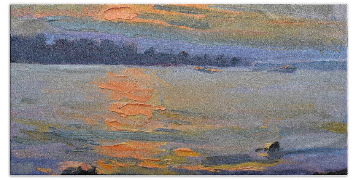 Sunset Hand Towel featuring the painting Sunset at Fishermans Park by Ylli Haruni