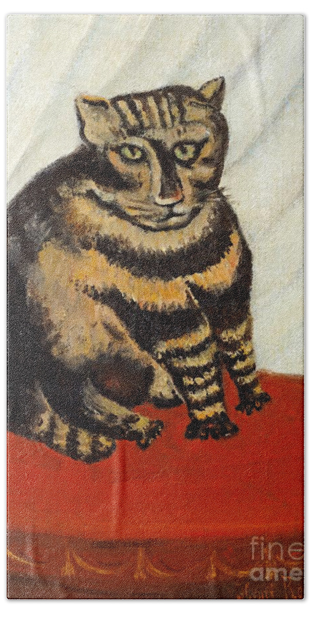 The Tabby Hand Towel featuring the painting The Tabby #3 by Henri Rousseau