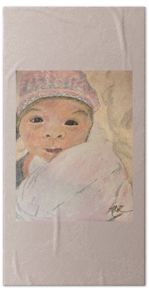  Newborn Hand Towel featuring the painting 30 Minutes Old by Melody Fowler