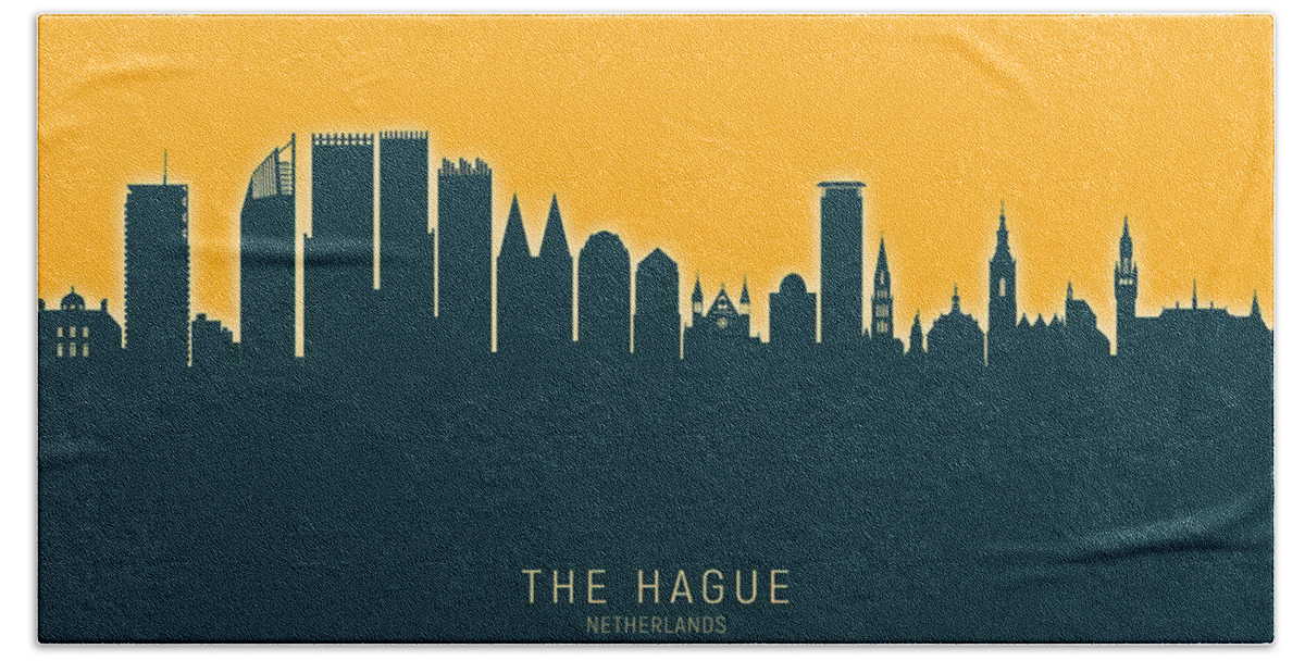 The Hague Hand Towel featuring the digital art The Hague Netherlands Skyline #31 by Michael Tompsett