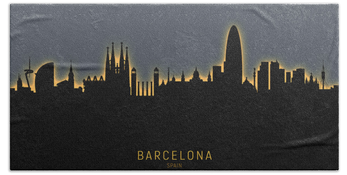 Barcelona Hand Towel featuring the digital art Barcelona Spain Skyline #32 by Michael Tompsett