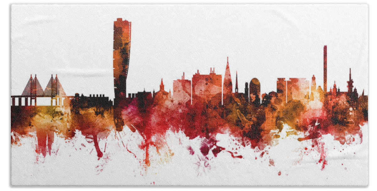 Malmo Hand Towel featuring the digital art Malmo Sweden Skyline #32 by Michael Tompsett