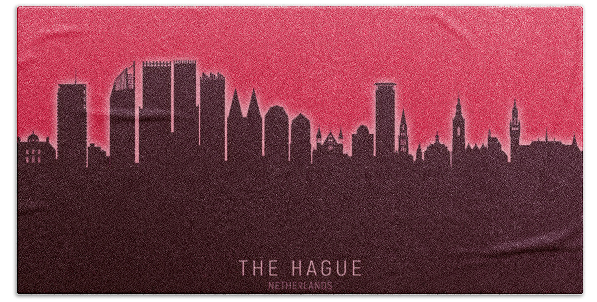 The Hague Hand Towel featuring the digital art The Hague Netherlands Skyline #32 by Michael Tompsett
